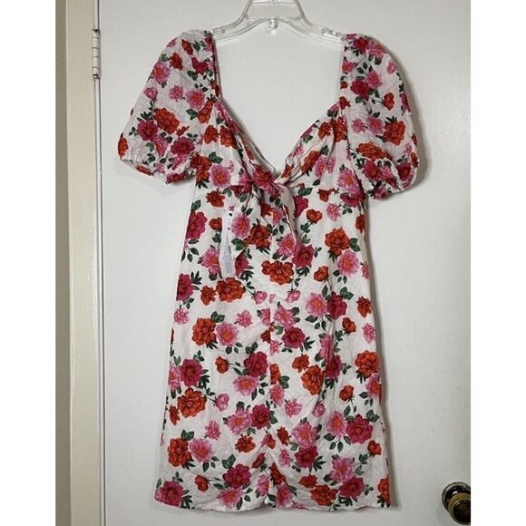 NEW! Topshop Floral Rose Red Punk Cotton Ruched Short Mini Dress US 8 - Picture 1 of 5
